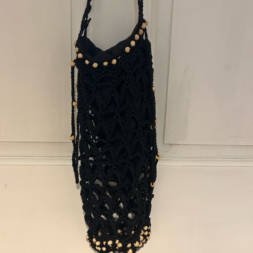 Free People Moonlight Black macrame Crochet Bag with Wooden Beads